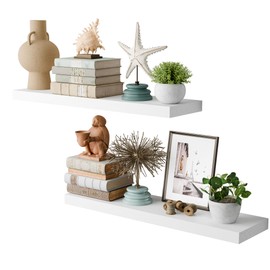 Sumbame 30 Inch Floating Shelves - Set of 2, 8" Deep White Wall Shelf with Invisible Bracket, Hanging Shelf for Bathroom, Bedroom, Kitchen, Living Room Decor