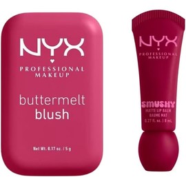 NYX Professional Makeup Smushy Matte Balsamo labial, Tono Squizze n Sizzle (vino) Efecto tinta coreana + Buttermelt Blush Rubo en polvo, Tono Butta than before (cereza). Fórmulas veganas.