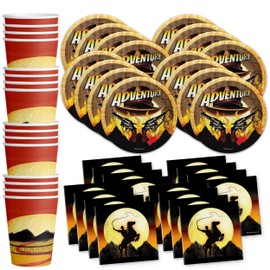 Western Adventures with Dr. Jones Indiana - Juego de suministros para fiesta de cumpleaños, platos, servilletas, tazas, vajilla para 16