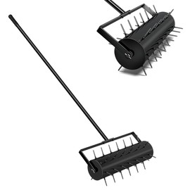 HY-MS New 17Inch Lawn Aerator, Rolling Lawn Aerator with Iron Spikes, Heavy Duty Rolling Spike Aerator Tool for Garden Yard Clean and Loosening Soils, 55-inch Stainless Steel Handle, Black