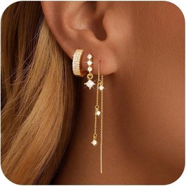 Chain Earrings for Women 3/4 Pairs Dangle Dainty Stack 14K  Plated Hoop Earrings Set Trendy  Cubic Zirconia Stud Earrings for Women - Color: Gold&Style2
