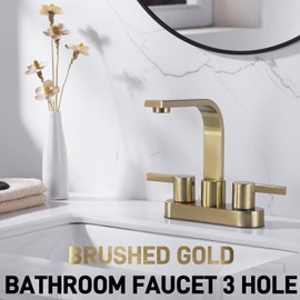 HOMYEP Gold Bathroom Faucet 3 Hole Bathroom Sink Faucet with Metal Drain, Non Rust 304 Stainless Steel, 4 Inch Centerset RV Vanity Faucet, Brushed Gold