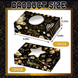 24Pcs Happy New Year Cookie Boxes with Window, Black Gold New Year Cookie Gift Cardboard Paper Treat Bakery Boxes Cookie Goody Container for New Year's Eve Party Supplies