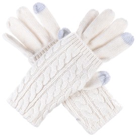 BYOS Women Winter Wool Blend Leafy Texting Knit Gloves W/Two Fingertips Conductive Tech for All Touch-Screen Devices Smartphone & Tablet (Ivory Double Layer Cable)