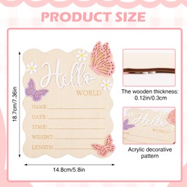 FAMULP Butterfly Daisy Announcement Sign for New Baby, Wooden Hello World Newborn Sign with Bracket