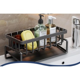 Kitchen Sink Caddy Organizer, Black Metal, Self-Draining Tray, Wall-Mounted Storage Rack for Sponge, Soap, Dishwashing Supplies,