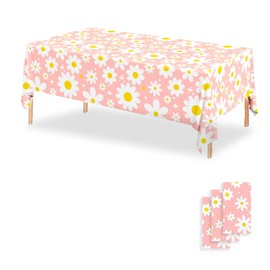 OQOQ Groovy Daisy Tablecloth(3 Packs), 54x108 Inch Daisy Flower Table Cloth Disposable Plastic Table Cover for Boho Hippie Groovy Retro Themed Birthday Baby Shower Party Supplies
