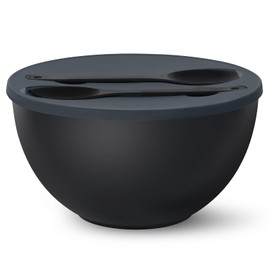 ECOHAGOU 10" Large Salad Bowl with Sealing Lid & Serving Utensils,135Oz, Black Big Bamboo Fiber Salad Serving Bowl with Servers for Mixing/Serving (Silicone Dark Grey Lid)