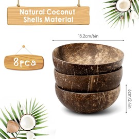 Natural Coconut Bowls Set of 8, 450 ml/15 Oz Polished Wooden Smoothie Bowl Acai Salad Bowl Buddha Bowl for Vegan Gifts Kitchen Decor Party Serving Bowl, 15x15 cm