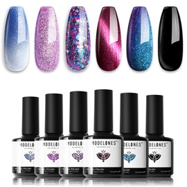 modelones Glitter Gel Nail Polish Set 6 Colors, Blue Color Changing Red Cat Eye Magnetic Gel Polish Chameleon Reflective Temperature Black Pink Nail Polish Soak Off LED Nail Art Manicure Kit Gift