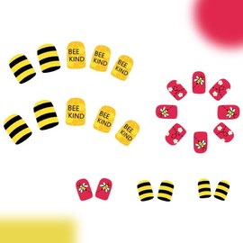 Spring Press on Nails Short Daisy Fake Nails Square Glue on Nails Glossy Pink Black Yellow False Nails with Small Flowers Bee Kind Designs Cute Stick on Nails for Women&girls Nail Decorations 24PCS