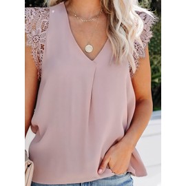 Uusollecy Tank Top, Women's Sleeveless Summer Chiffon Blouse Top, Lace V-Neck Vest Top, Casual Shirt Tops, Blouse - Y-pink Plain, size: s