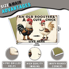 PEACHGARDEN Funny Chicken Metal Sign An Old Rooster A Cute Chick Live Here Vintage Tin Sign for Home Farm Chicken Coop Farmhouse Kicthen Garden Decor 8X12inch