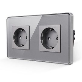 JIMEIDA Double Socket Grey, 2.5D Curved Glass Plate 16 Amp Schuko Sockets Flush-Mounted Protective Contact Wall Socket 157 x 86 mm, 250 V