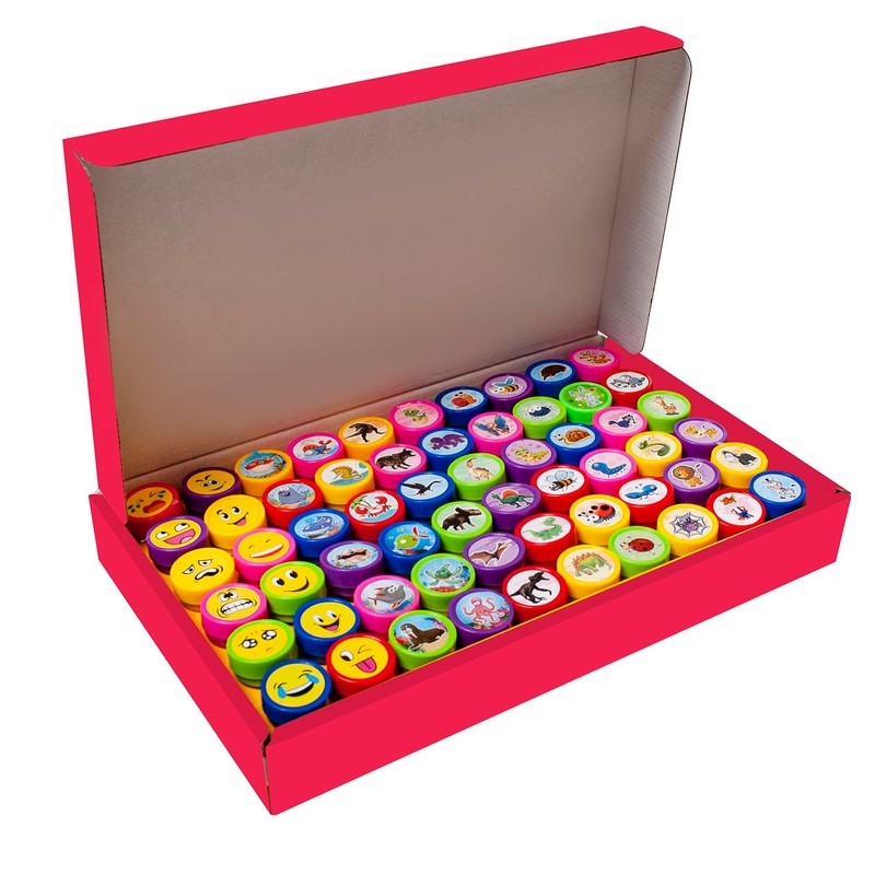 KRUZZEL 60 Piece Plastic Stamp Set for Children Self-Inking Animals