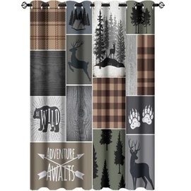 Kazynee Retro Cabin Bear Deer Blackout Curtains,Country Farmhouse Hunting Theme Wildlife Plaid Check Lodge Grommet Thermal Insulated Room Darkening Curtains Window Treatments 2 Panels 63L x 21W