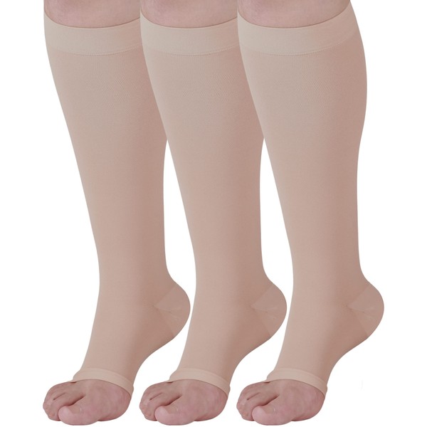 (3 Pairs) Opaque Compression Knee High for Men and Women 20-30mmHg - Compression Support Socks for Varicose Veins Circulation, Embolism, Leg Pain - Open Toe - Beige, Large - A511BE3-3