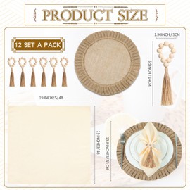 Gejoy 36 Pcs Round Burlap Placemats Wood Bead Napkin Rings with Dinner Napkins Cloth, Jute Placemats Heat Resistant Placemats Boho Wooden Rings for Plates Wedding Dining Table