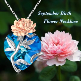 TOUPOP Sapphire September Birthstone Necklace 925 Sterling Silver September Birth Flower Peony Pendant Necklace Heart Crystal Jewelry Birthday Christmas Gifts for Women