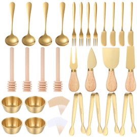 48 Pcs Charcuterie Boards Accessories Gold Serving Utensils Stainless Steel Cheese Mini Gold Serving Tongs Spoons Forks Dipping Bowls Toothpick Flags for Kitchen Wedding Christmas Party Pastry Making