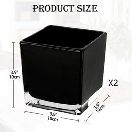 Square Glass Vase, 4" x 4" Black Cube Glass Vases Floral Planter Centerpiece for Home Party Event Wedding, Candle Holder, Set of 2
