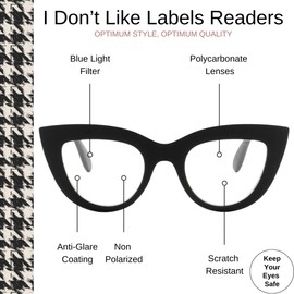 OPTIMUM OPTICAL Blue Light Filtering Scratch-Resistant Lens Cateye Frame Magnifying Reading Glasses - I Don't Like Labels, +3.00