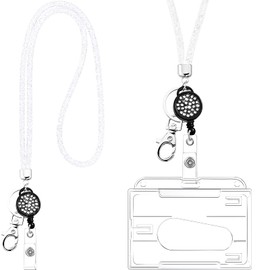 Frienda ID-Card Holder with Strap Crystal Lanyard Necklace Crystal Lanyard with Transparent ID Card Holder Card Holder with Key Ring Band Vaccination Certificate Card Lanyard Glitter White