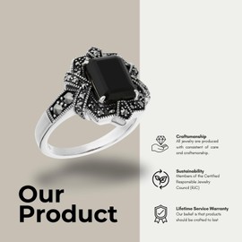 Gemondo Black Onyx Ring, Sterling Silver Black Onyx & Marcasite Octagon Art Nouveau Ring