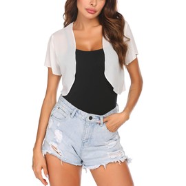Zeagoo Women's Bolero Chiffon Festive Short Sleeve Bolero Jacket Elegant Short Cardigan Lightweight Transparent Open Short Jacket for Summer, White
