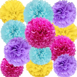 We Moment Zone Pack of 12 Paper Pompoms Set, Deep Pink, Purple, Blue, Yellow Pom Poms Paper for Girls Birthday Party Decoration