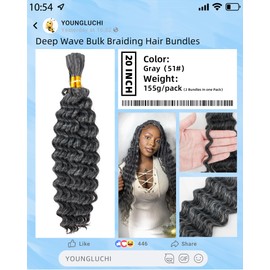 Deep Wave Bulk Braiding Hair-Wet and Wavy Human Braiding Hair,20 Inches 2 Bundles Mixed Gray,No Weft Bohemian Curly Hair Bundle for DIY(20"-2 Bundles,Gray#）