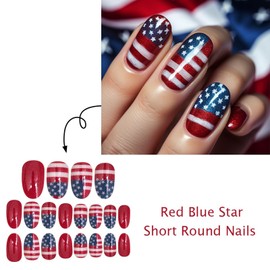 Fourth of July Press on Nails Independence Day Fake Nails National Flag Stick on Nails Short Oval Glue on Nails Red Blue Star False Nails Glossy Acrylic Nails Full Cover Artificial Nails for Women