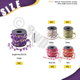 Swpeet 5 Roll 5 Colors Burlap Leaf Ribbon Set, 5mm 33 Feet Natural Jute Twine with Artificial Vine Leaves Ribbon for Wedding Home Garden Jungle Party Decorations(White, Green, Purple, Red, Rose red)