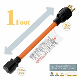 1FT Nema L14-30P 30Amp Locking Plug Male to 6-20R T-Blade Adapter, STW 10-AWG 30A 4-Prong 250V to 3 20A 250V 6-20/15R Adapter, L14-30 to 6-20 Adapter