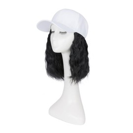 TESS White Baseball Cap with 8'' Short Wavy Synthetic Hair Extensions for Women and Girls - Adjustable & Breathable Wig Cap for Daily Use, Outdoor Activities