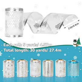 KINGLAKE 30 Yards Christmas Wired Ribbon, 2.5 Inch Blue Silver Wired Ribbon for Wreath Bows Making, Christmas Organza Ribbon Glitter Snowflake Striped Ribbon for Gift Wrapping Xmas Tree Crafts