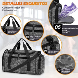 Dakuly Maleta Deportiva,Mochila Gym para Hombre y Mujer con Compartimento para Zapatos,Bolso de Viaje con Bosillo Impermeable,Gran Capacidad,para Natación,Gimnasio,Yoga,Viajes(Gris)