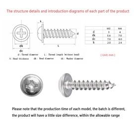 M3, M4 Self-Tapping Metal Screws with Washers, 280 Pieces Round Head Stainless Steel Self-Drilling Wood Screws Assortment Set, 10 Types (8/10/12/16/20/25 mm), Pan Head Machine Screws (Silver)