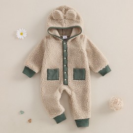 MAHUAOYIXI Toddler Newborn Baby Boy Winter Romper Snowsuit 0-18M Infant Boys Long Sleeve Contrast Color Button Up Full Length Hooded Zipper Closure Winter Fuzzy Fleece Jumpsuit (khaki, 6-12 Months)