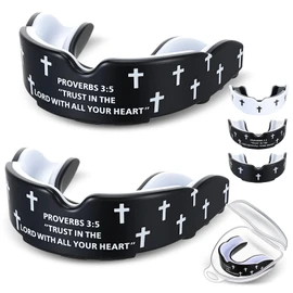 Yaomiao 2 Pcs Cross Football Mouth Guards Christian Teeth Armor Sport Game Guard & Case Religious Mouth Guard Baseball Wrestling Lacrosse Basketball Rugby Boxing Taekwondo(Black & Proverb,Adult)