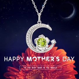 925 Sterling Silver August Birthstone Created Peridot Necklace Rose & Moon Pendant Green Yellow Gemstone Birthday Anniversary Jewellery Gifts for Women Girls Mother Daughter, Adjustable Chain