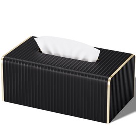 Tissue Box Cover,Black Rectangle PU Leather Tissue Holder with Gold-Tone Edging Accents,Tissue Box Cover for Bathroom Toilet Bedroom Living Room Table Desk Office,Countertop