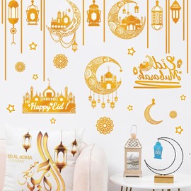 HPNIUB Ramadan Wall Stickers,Eid Ramadan Muslim Stickers,Islamic Muslim Wall Stickers Ramadan Decorations for Kids Room,Window Muslim Decoration Star Crescent (Gold)