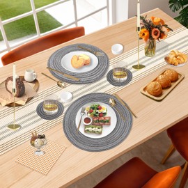 THKO Place Mats and Coasters, Grey Set of 4 - 2 Large Table Coasters 30 cm and 2 Coasters Plates 11 cm Place Mats Washable Non-Slip Round Cotton Heat Resistant Place Mats