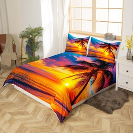 Feelyou Women Ocean Beach Duvet Cover for Kids Adults Girls Chic Sea Sunset Scenery Comforter Cover Tropical Palm Tree Bedding Set Hawaiian Holiday Bedspread Cover Room Decor King Size Bedclothes