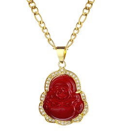 yipima Buddha Pendant Necklace for Women Men 18K Gold Plated Zircon Inlay Multi-color Buddha Head for Protection 3MM Flat Figaro Necklace Chain (chain length:22", red)