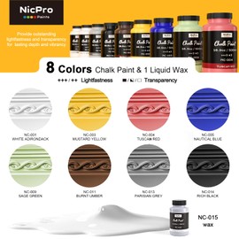 Nicpro 8 Colors Chalk Paint for Furniture, 16.9 oz (500ml) Ultra Matte Finish Acrylic Craft Paint, Non-Toxic Chalk Furniture Paints for Wood, Metal, Cabinets, Home Decor with Liquid Wax, Color Wheel