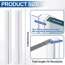 Shower Door Side Seal Strip 78.74 Inch (39.37" x 2 Pcs) for 3/8'' (10 mm) Frameless Glass Sliding or Swing Door (U Type) Sweep Clear PVC Waterproof to Stop Shower Leaks No Adhesive Needed