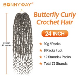 Butterfly Curly Crochet Hair 24 Inch 6 Packs Color Darkest Brown, Bohemian Butterfly Braids with Curly Ends Pre-looped Hair Extensions (6 Packs, 2#)