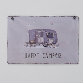 Boltze Home Deko Schild Blechschild Camping mit Spruch Happy Camper 21 * 14cm Deko für Terasse Balkon Garten Metallschild mit Henkel zum Aufhängen Deko Geschenk für Wohnzimmer Sommergarten Camper